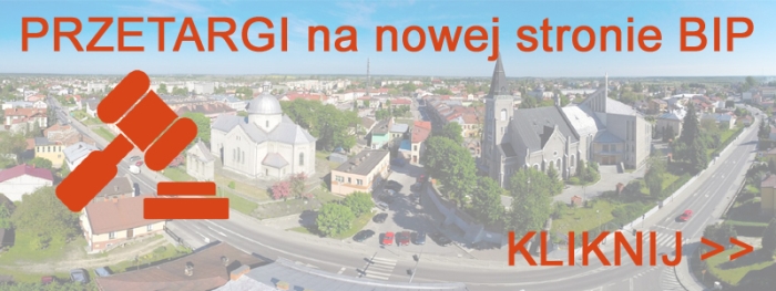 W tle widok na miasto Lubaczów z lotu ptaka - widoczny napis Przetargi inwestycyjne przeniesione na nową stronę BIP
